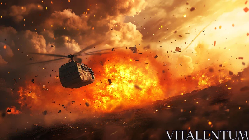 Gunship dives through sun-bright inferno of flying shrapnel.