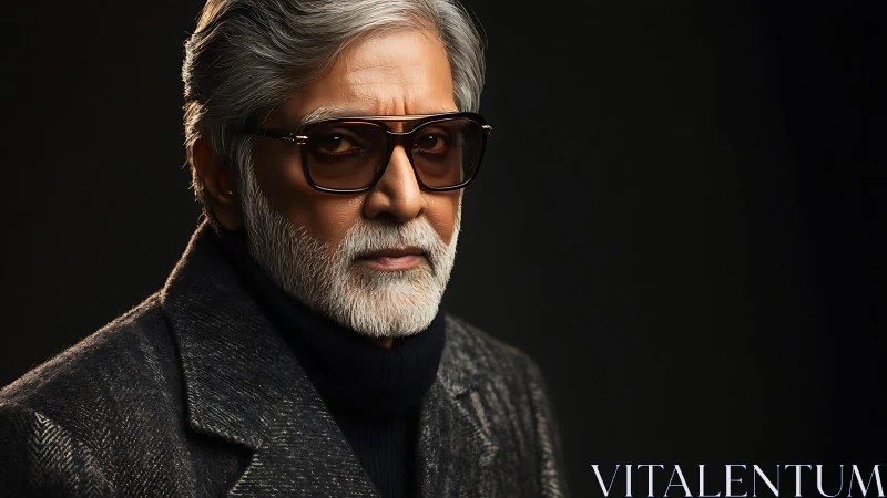 Studio portrait of older man in gray overcoat and dark glasses