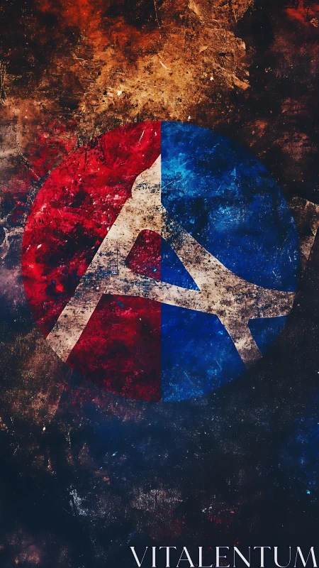 Bold split-circle emblem in red, blue, and weathered grit.