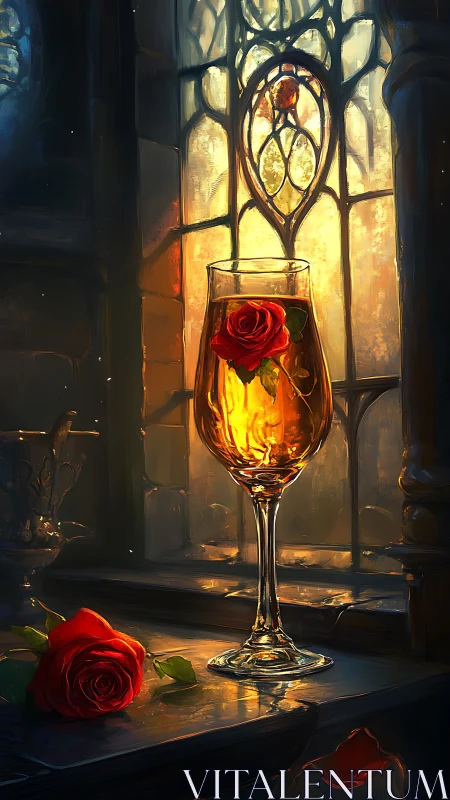 Enchanted rose chalice glows against a storybook window.