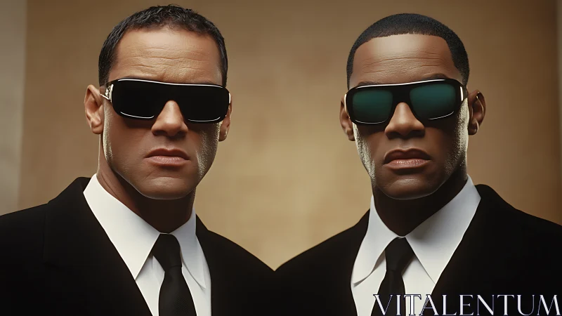 Two suited agents stand in sleek futuristic sunglasses