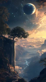 Celestial river valley beneath eclipsed planet at dusk.