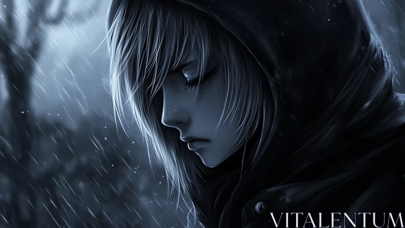 Soft rainside reverie with a hooded, silver-haired soul.