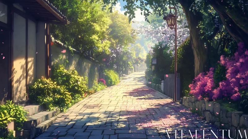 Sunlit cherry blossom lane drifts into tranquil distance.