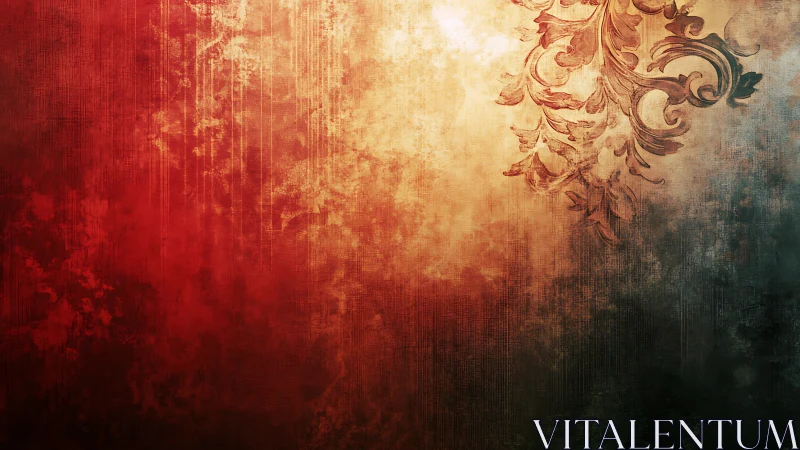 Vintage floral scrollwork overlays textured red gradient