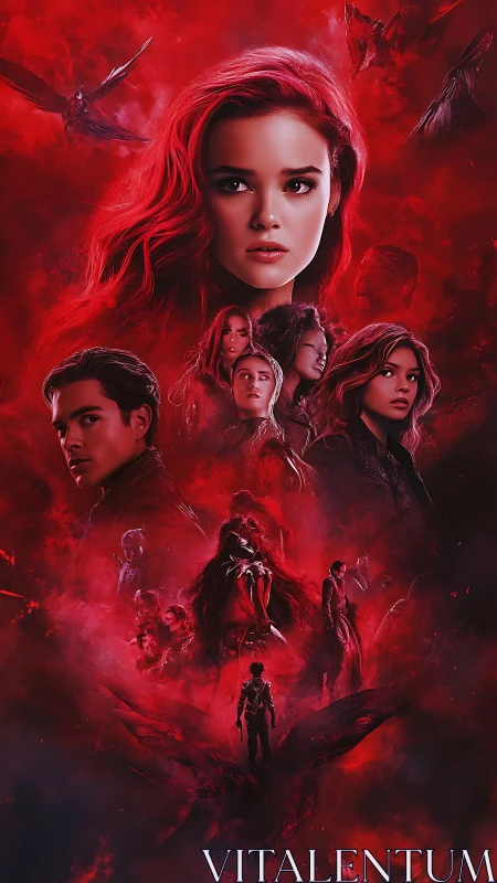 Digital painting ensemble portrait in crimson-toned poster design.