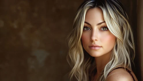 Soft-lit blonde portrait with warm neutral background focus.