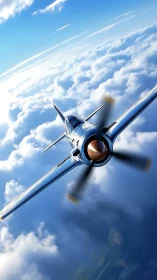 Single-prop fighter aircraft climbs above stratocumulus layer in sunlit sky