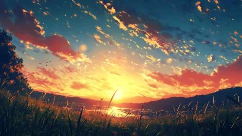 Spectral-gradient sunset over river valley and silhouetted grasslands.