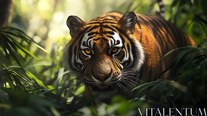 Photorealistic tiger advances through dense sunlit rainforest