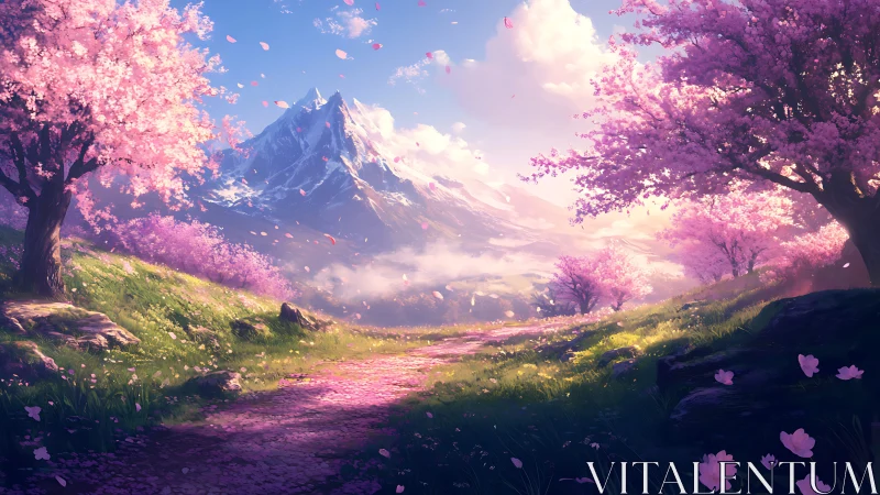 Mountain path under cherry blossoms in soft spring light.