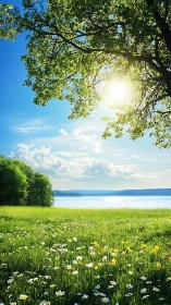 Lakeside meadow under tree canopy with direct sunlight.