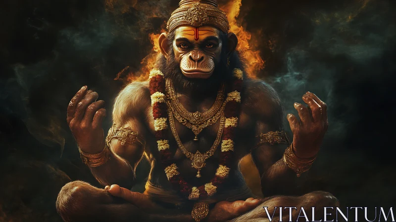 Flame crowned monkey deity in molten gold meditation glow.