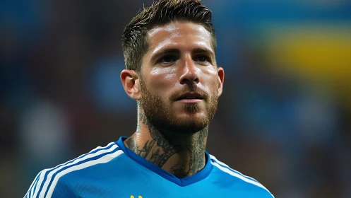 Male football player in blue jersey on stadium pitch.