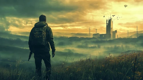 Lone figure observing distant industrial complex at dawn.