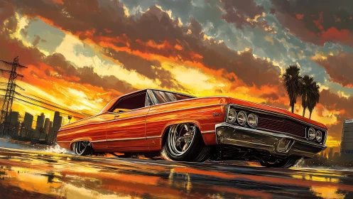 Lowrider muscle car drifts through wet urban street at sunset