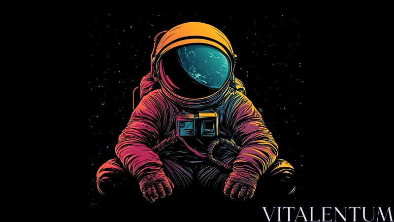Seated neon astronaut illustration against deep black space