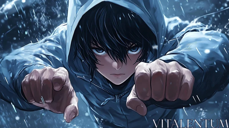 Hooded youth drives twin punches through storming rain.