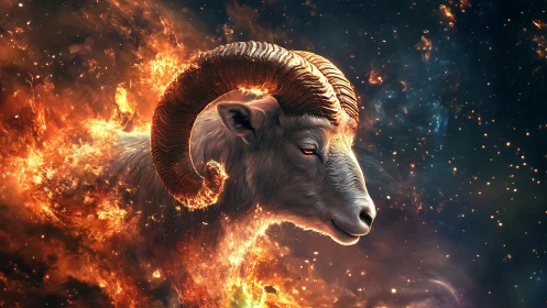 Gentle celestial ram glowing amid swirling cosmic fire.