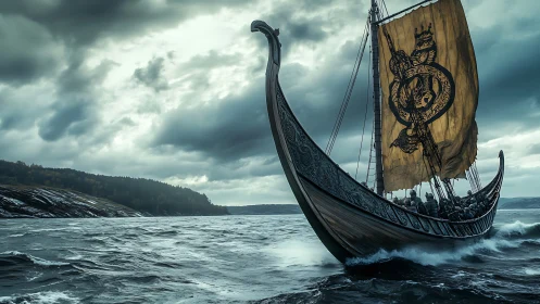 Viking longship under stormy North Sea sky, carved prow detail