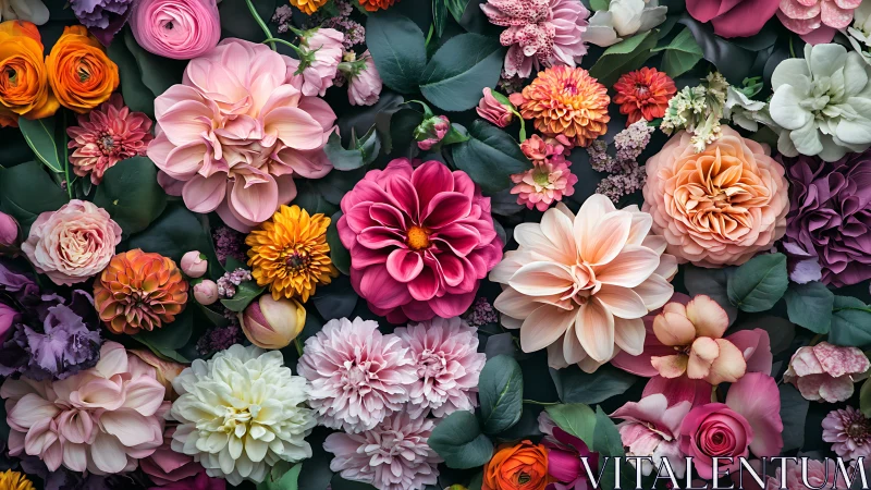Layered floral composition displaying varied bloom structures in close proximity.