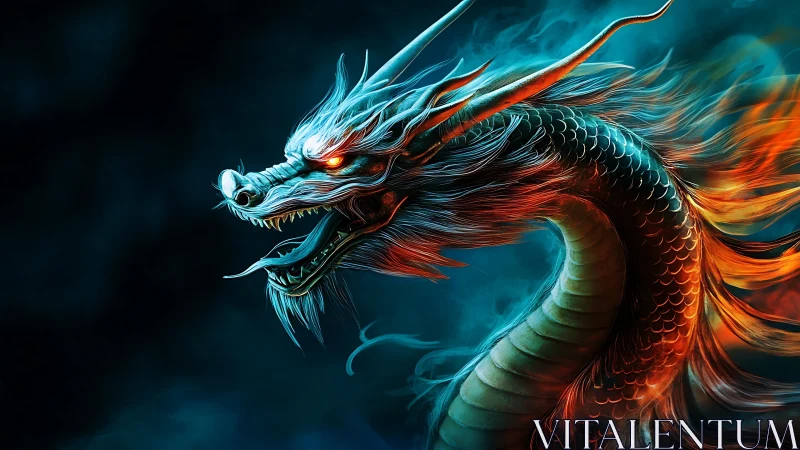 Fiery blue and orange dragon profile in glowing smoke