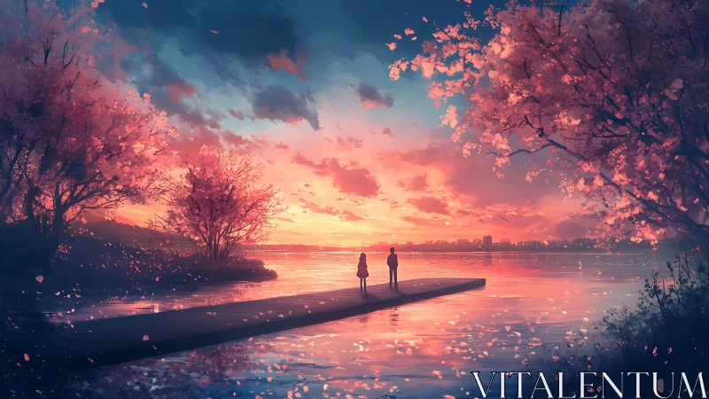 Sunset confides in two dreamers on a petal‑strewn pier