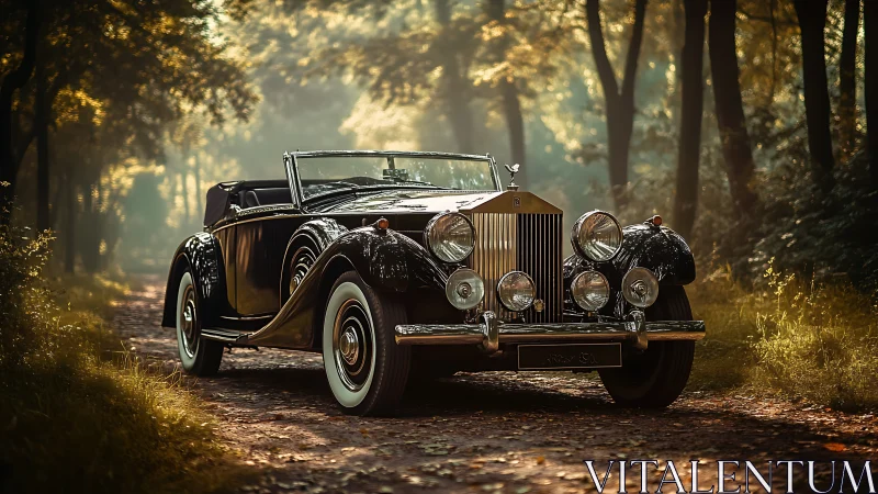 Vintage black convertible on forest path in soft morning light.
