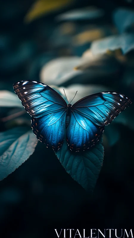 Blue butterfly resting on leaf in soft forest light.