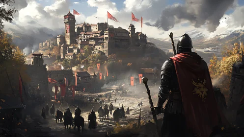 Medieval fortress city with assembled army under cloudy sky.