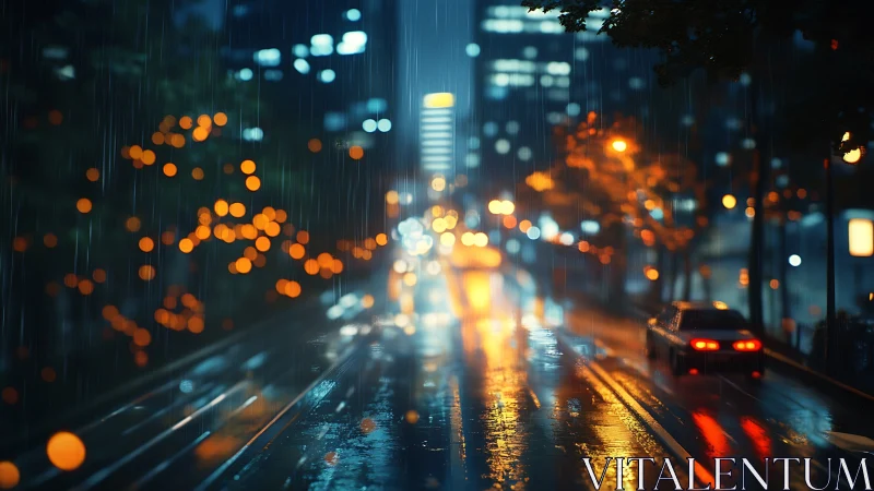 Rainy urban street scene shows blurred traffic and lights