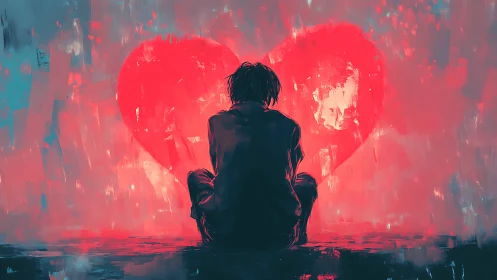 Solitary seated figure before large abstract heart shapes.