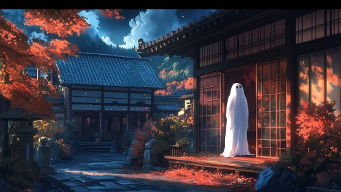 Ghost figure on engawa of traditional Japanese house at dusk