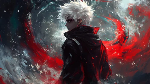 White-haired figure stands amid swirling red and dark forms