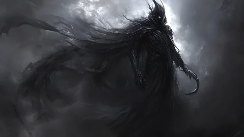 Dark cloaked wraith standing in swirling shadow fog.