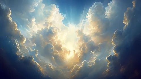 Backlit celestial clouds sculpt luminous ascendant figures
