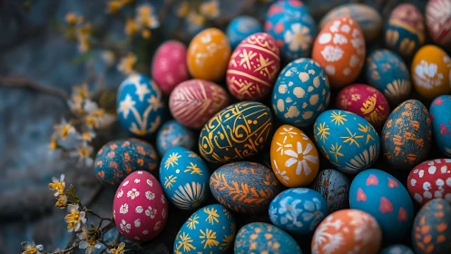 Pattern-rich Easter eggs clustered in vivid spring palette.