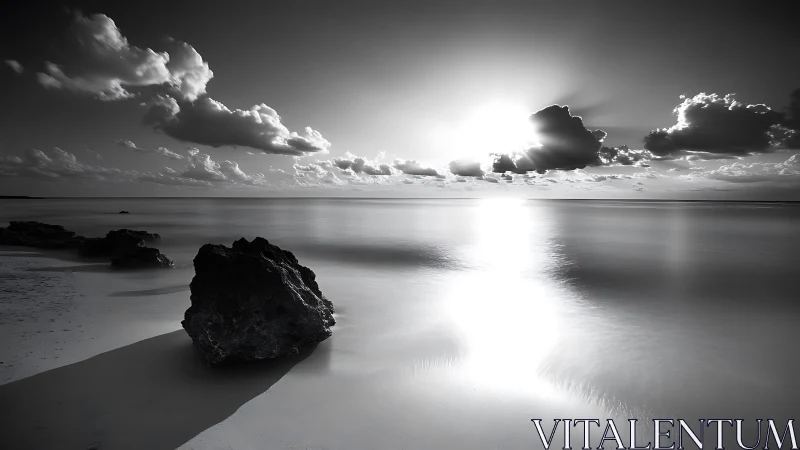 Monochrome seascape records rocks, calm water and low sun