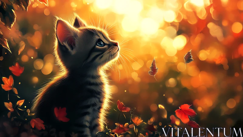 Striped kitten observing scene amid autumn foliage.