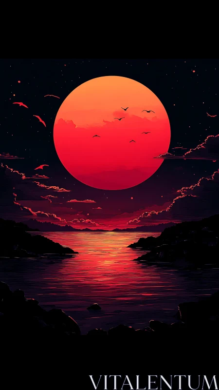 Crimson celestial moon over reflective twilight seascape.