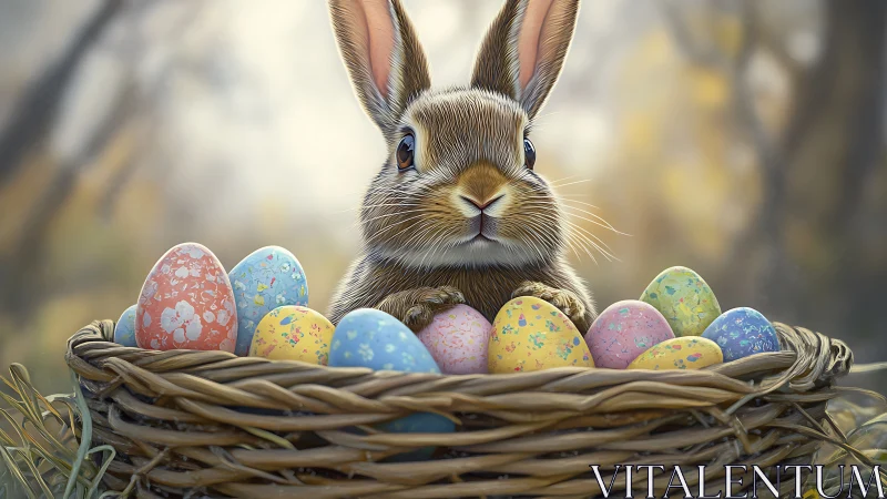 Curious spring bunny nestled in basket of pastel Easter eggs.