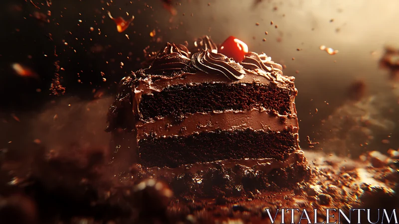 Rich Chocolate Cake Slice with Glamorous Red Cherry Topper