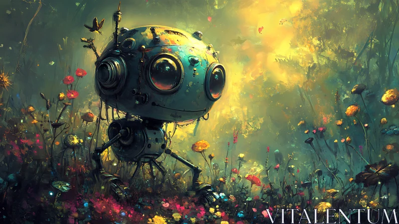 Curious round robot wanders through a glowing wildflower forest