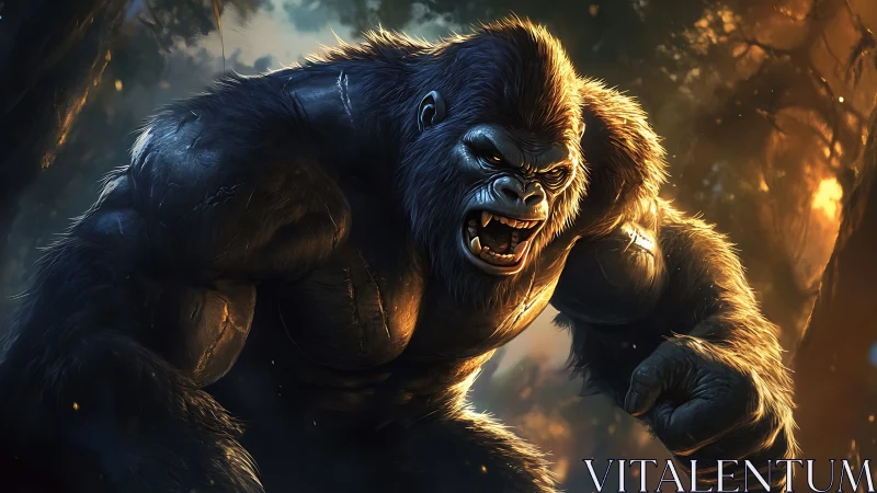 Giant gorilla-like creature in dense forest environment.