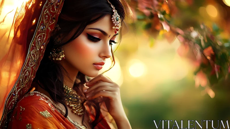 Woman in ornate traditional attire stands in soft outdoor light