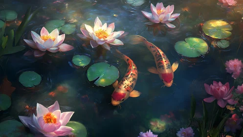 Koi duet drifting beneath lantern-lit water lilies at dusk.