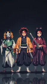 Three anime sword bearers stand in symmetric frontal composition