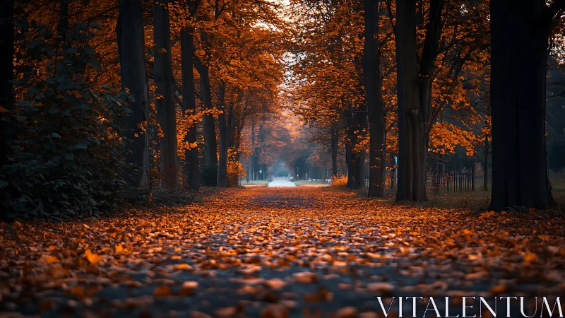 Autumn tree tunnel frames distant light on forest path.