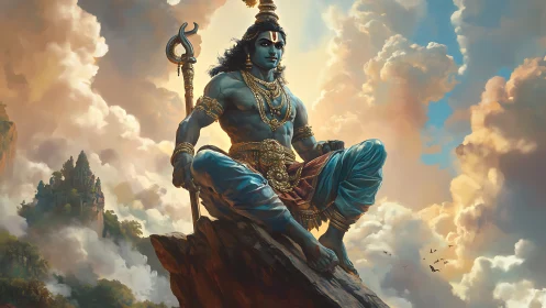 Mythic blue deity poised on aerated cliff amid luminous clouds.