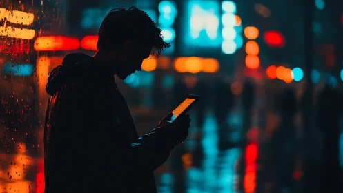 Silhouette with smartphone in neon drenched rainy cityscape.
